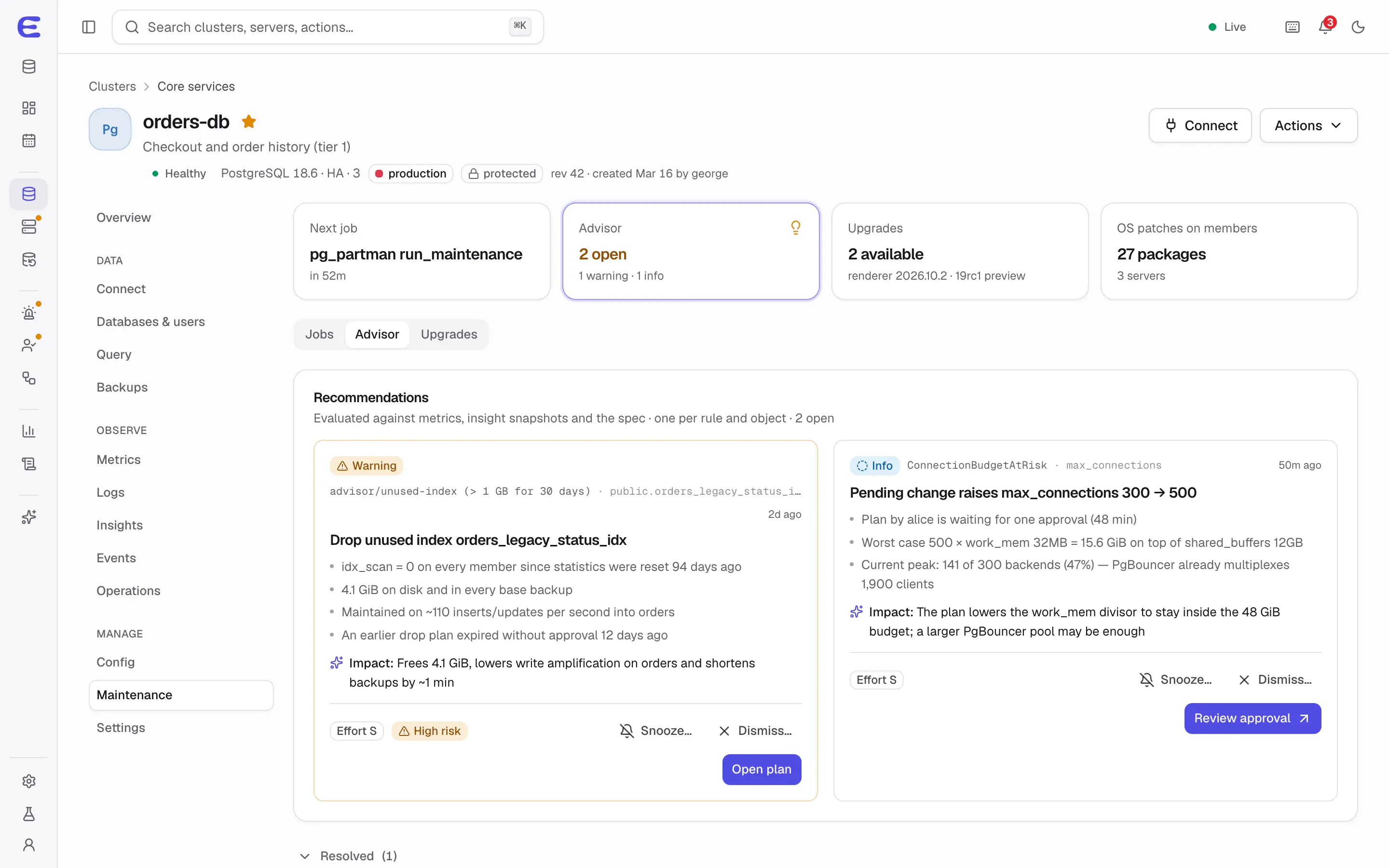 Advisor for orders-db: a recommendation to drop an unused index with its evidence, impact and effort, and a note about a pending plan that raises max_connections.