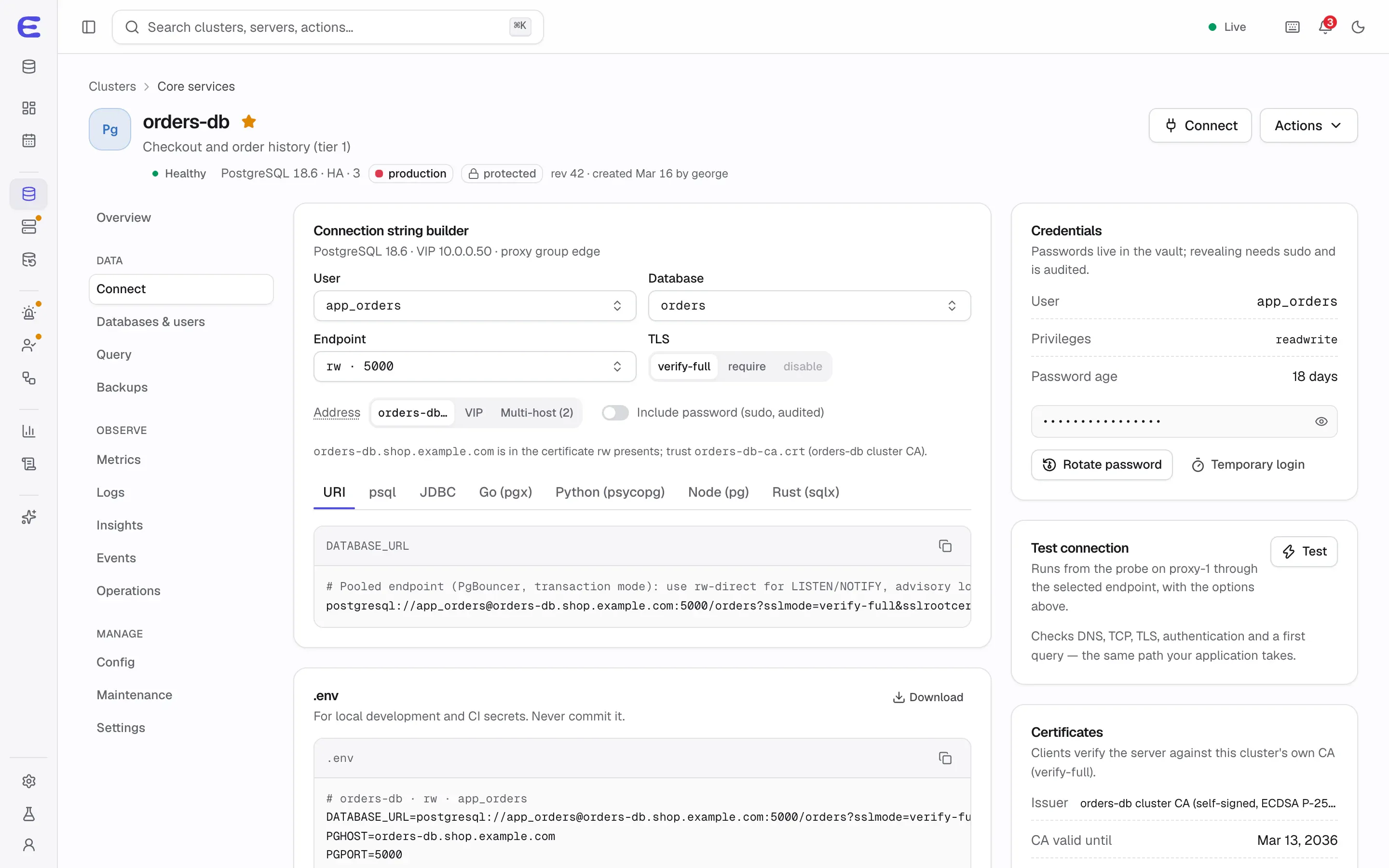 Connect page for orders-db: a connection string builder with user, database, endpoint and TLS mode, examples for URI, psql, JDBC, Go, Python, Node and Rust, credentials and certificate details.