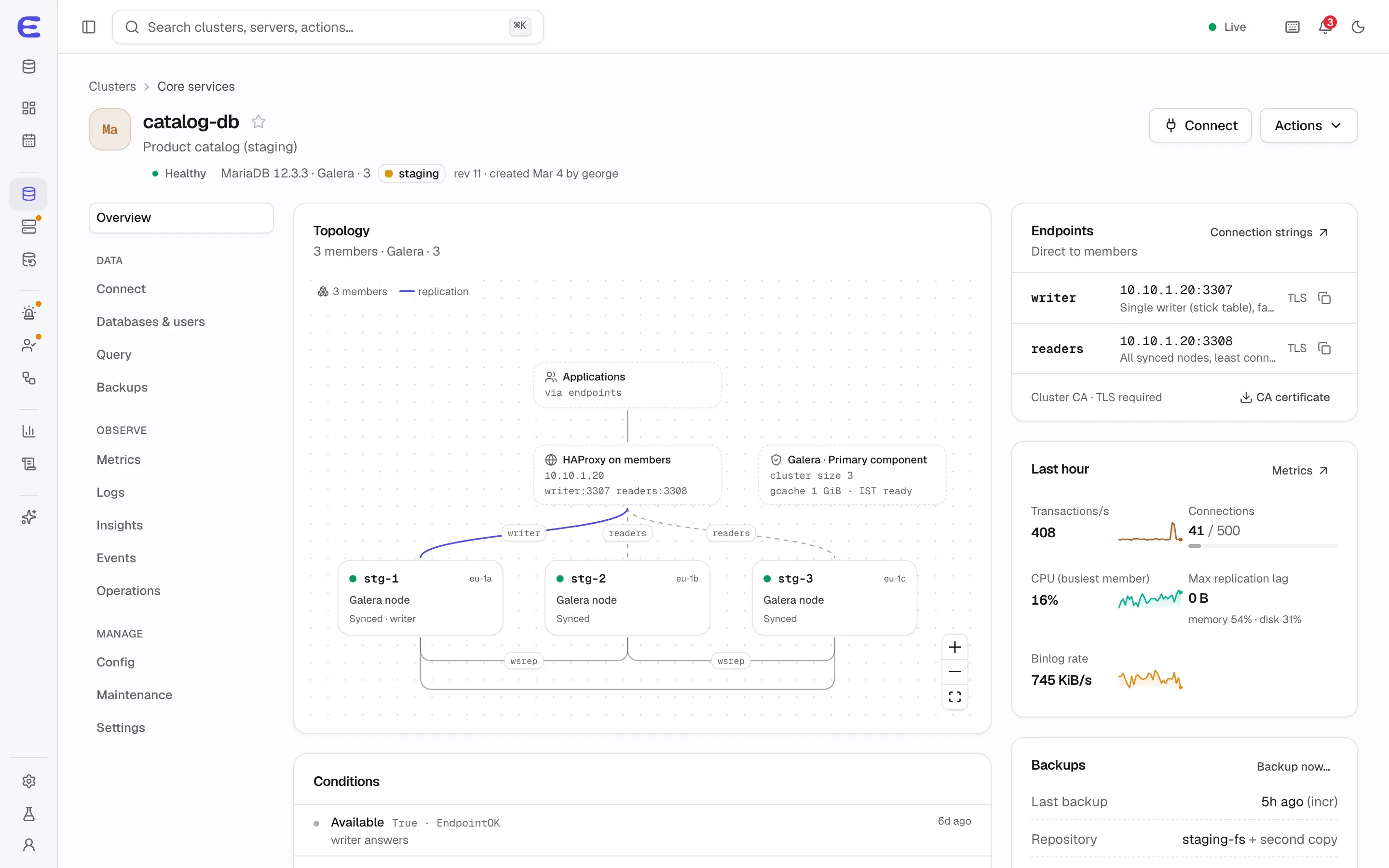 catalog-db, a MariaDB 12.3.3 Galera cluster with three members in staging: HAProxy on the members with writer and readers endpoints, a Galera primary component of three, stg-1 as the writer and two more synced nodes, with endpoints and metrics on the side.