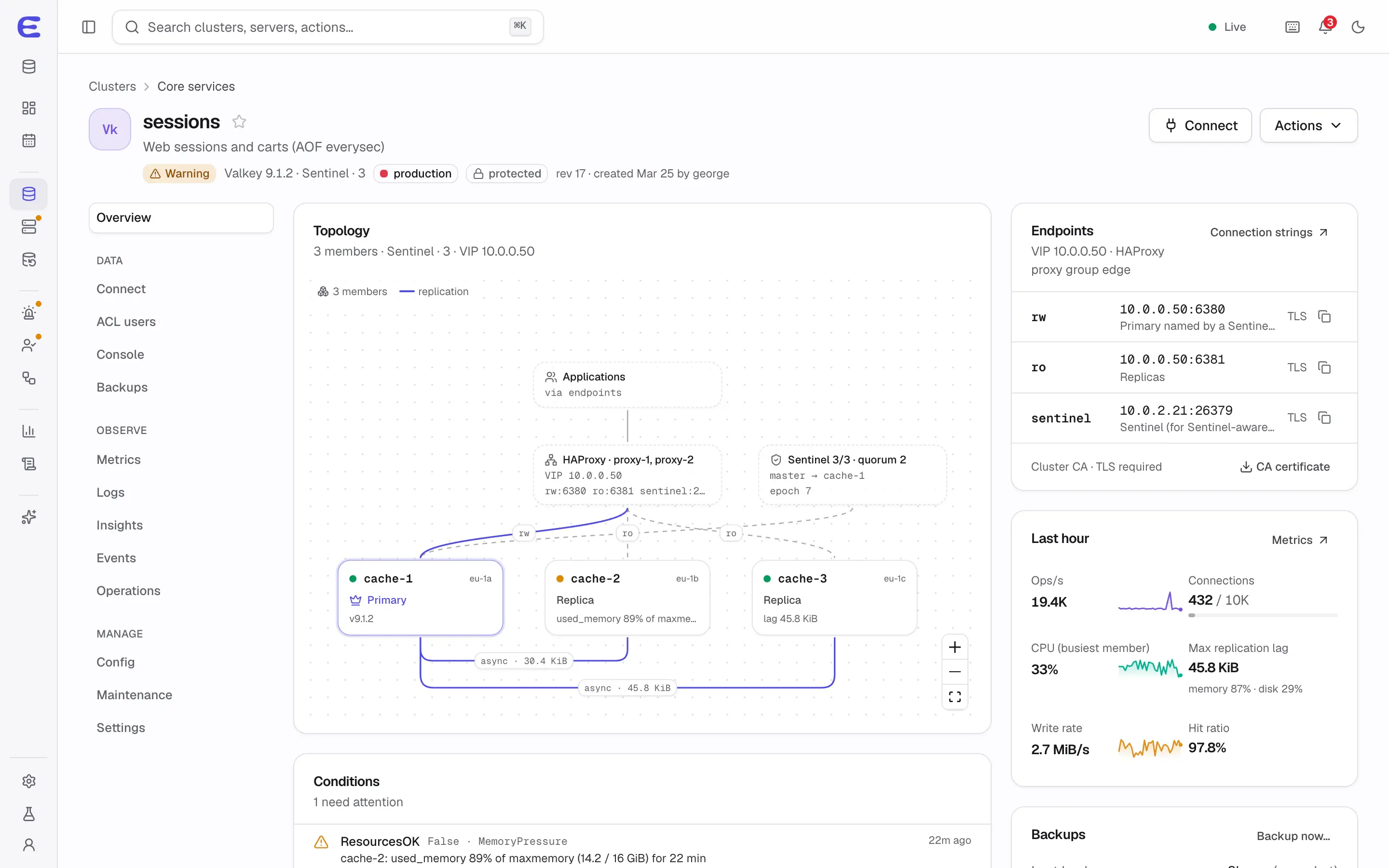 sessions, a Valkey 9.1.2 cluster with Sentinel and three members: HAProxy on a virtual IP with rw and ro endpoints, three Sentinels with a quorum of two, cache-1 as primary and two replicas, one of them near its memory limit, with endpoints and metrics on the side.