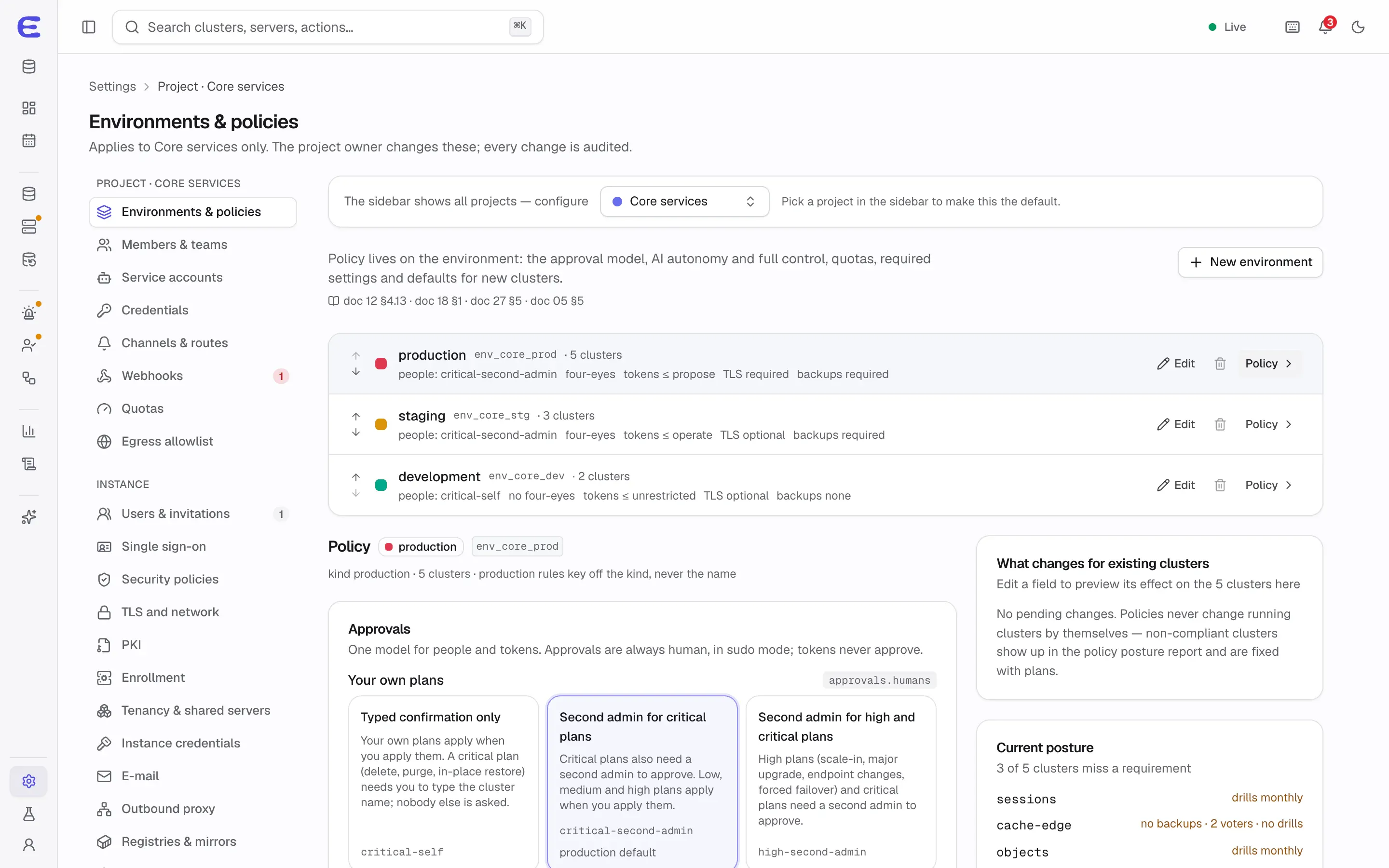 Environments and policies for the Core services project: production, staging and development with their approval rules, AI autonomy limits and backup requirements, and the policy editor for production.