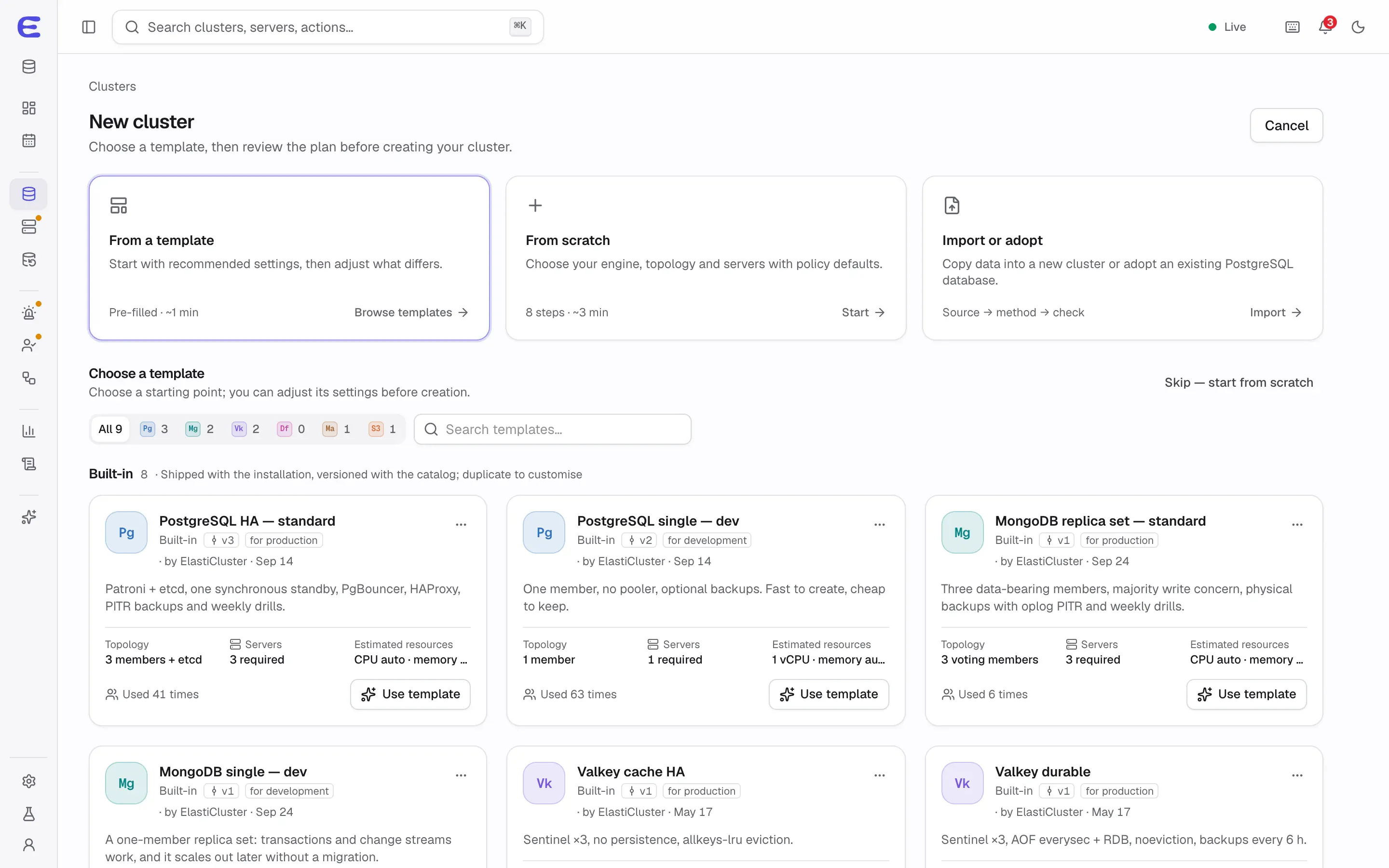 New cluster page: start from a template, from scratch, or import; built-in templates such as PostgreSQL HA, PostgreSQL single, MongoDB replica set and MongoDB single.