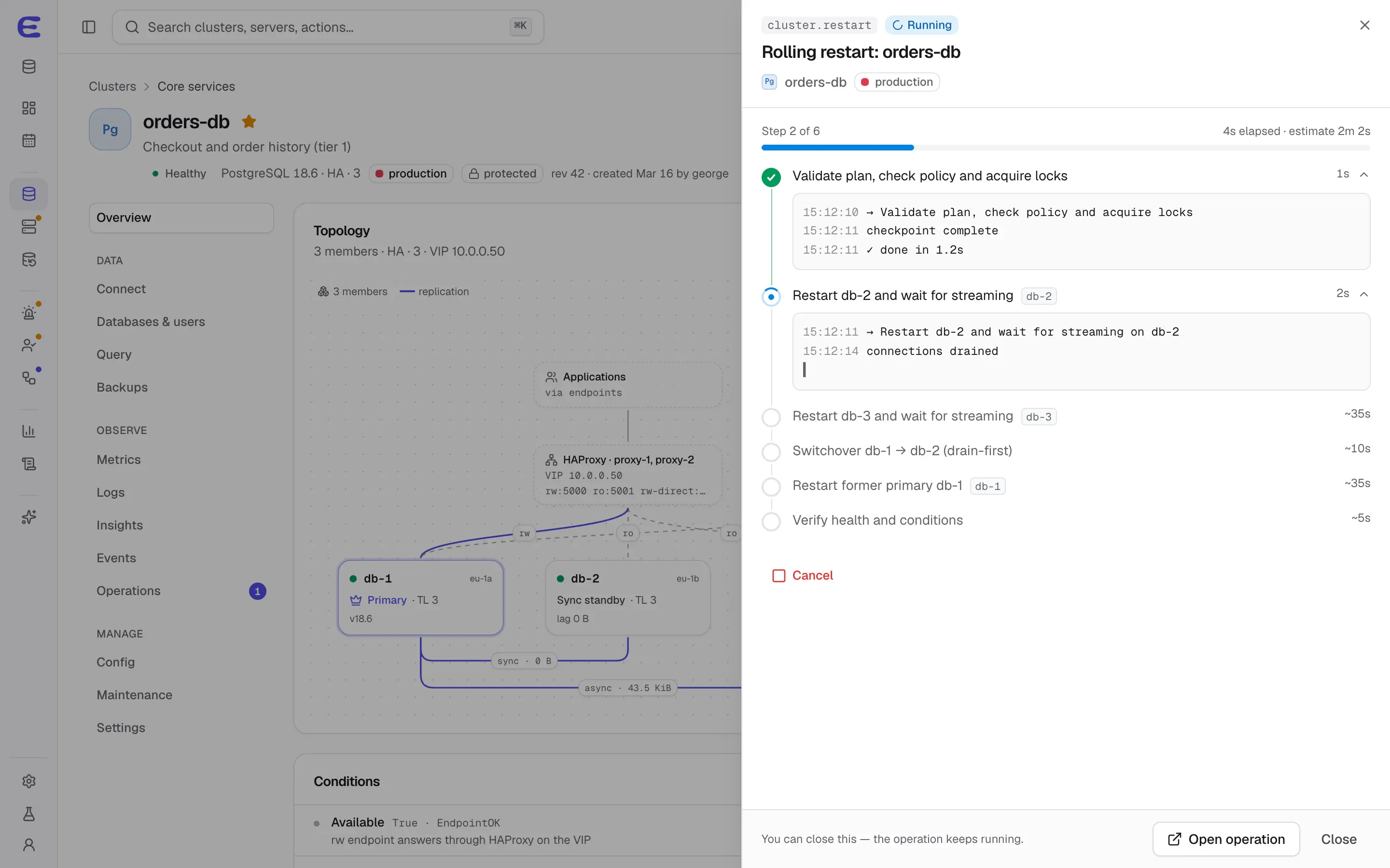 A running rolling-restart operation on orders-db at step 2 of 6, with timestamped logs for the completed and current steps.