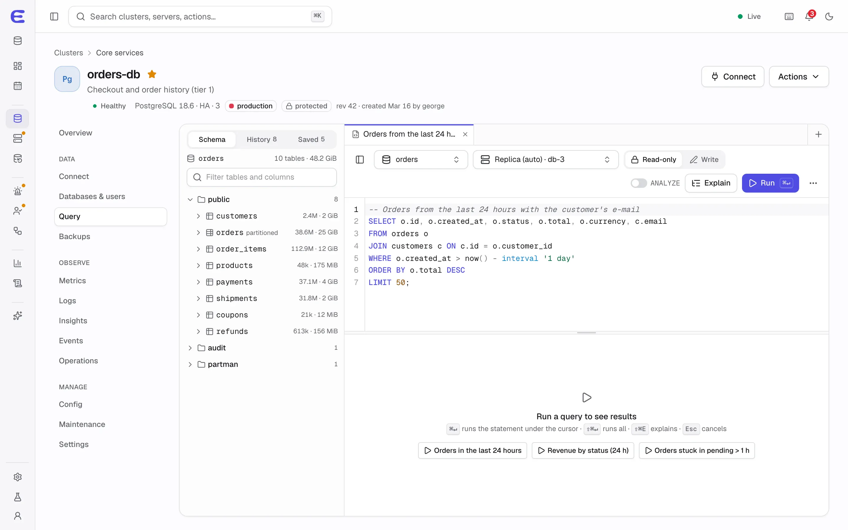 SQL editor for orders-db: a schema browser with tables and sizes, a query in the editor, read-only mode on a replica, and buttons to run, explain and switch to write mode.